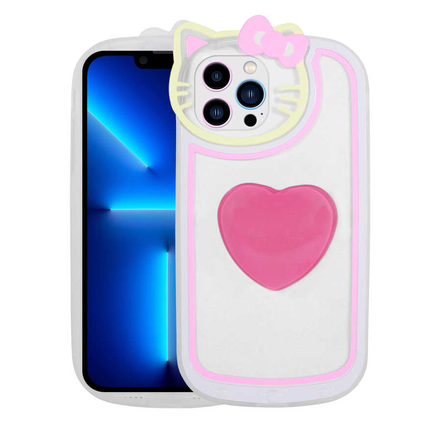 iPhone Uyumlu 13 Pro Kılıf Kedi Figürlü Transparan Pop Soketli Zore Ritmik Kapak-Pembe koyu