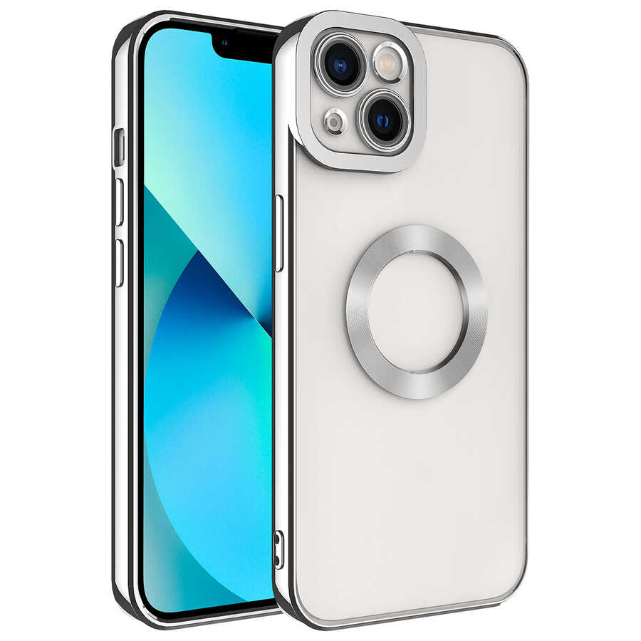 iPhone Uyumlu 13 Kılıf Kamera Korumalı Logo Gösteren Zore Omega Kapak-Gümüş