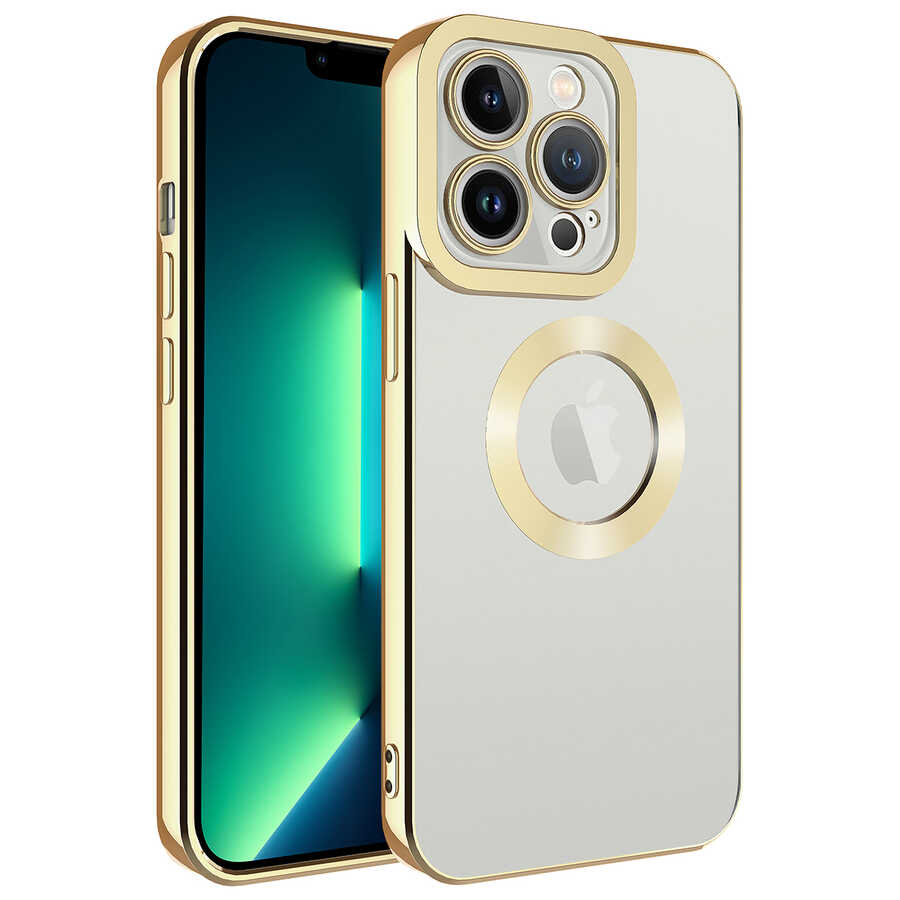 iPhone Uyumlu 13 Pro Kılıf Kamera Korumalı Logo Gösteren Zore Omega Kapak-Gold