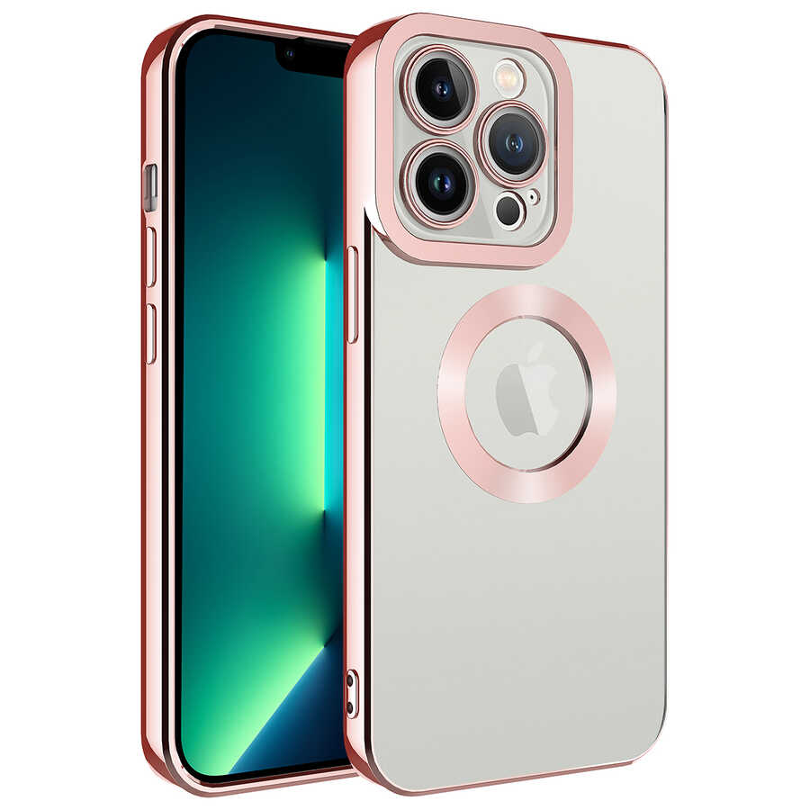 iPhone Uyumlu 13 Pro Max Kılıf Kamera Korumalı Logo Gösteren Zore Omega Kapak-Rose gold