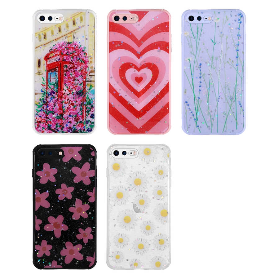 iPhone Uyumlu 7 Plus Kılıf Simli Desenli Kamera Korumalı Parlak Zore Popy Kapak