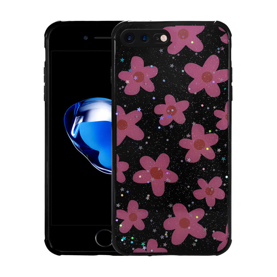 iPhone Uyumlu 7 Plus Kılıf Simli Desenli Kamera Korumalı Parlak Zore Popy Kapak-Çiçek