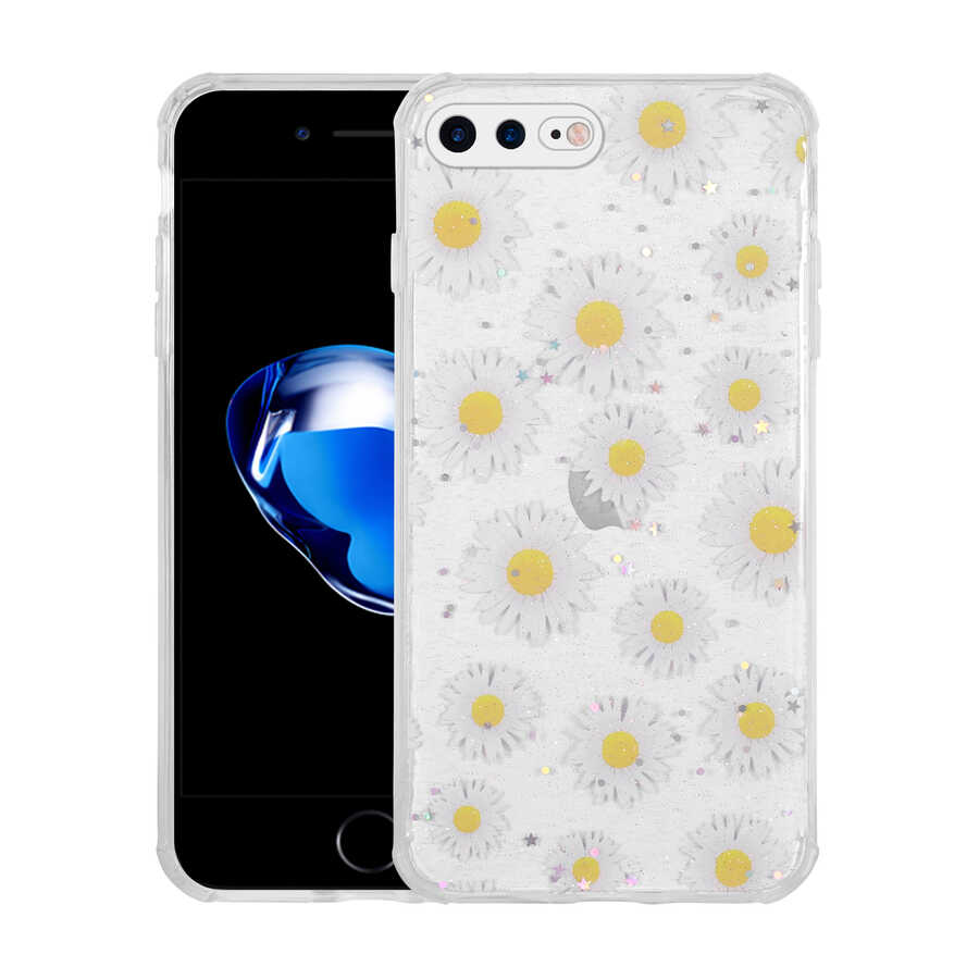 iPhone Uyumlu 7 Plus Kılıf Simli Desenli Kamera Korumalı Parlak Zore Popy Kapak-Papatya