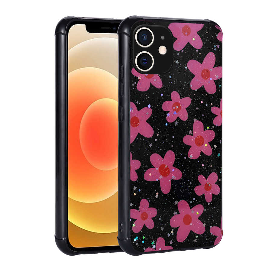 iPhone Uyumlu 12 Kılıf Simli Desenli Kamera Korumalı Parlak Zore Popy Kapak-Çiçek