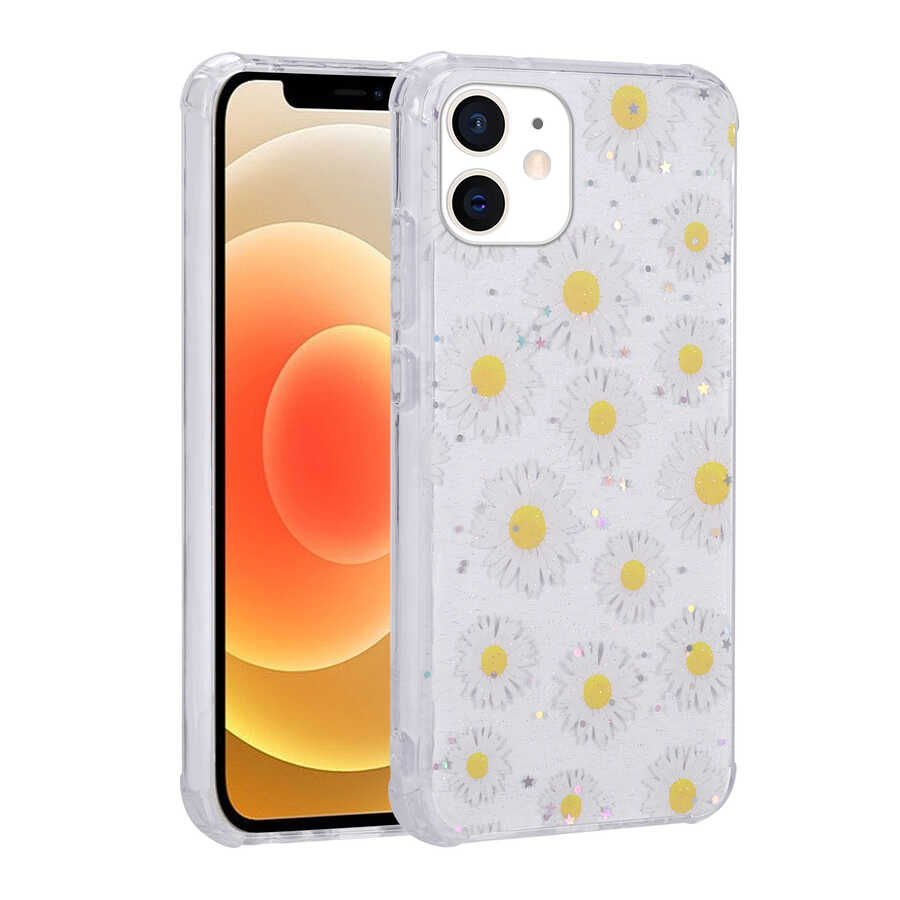 iPhone Uyumlu 12 Kılıf Simli Desenli Kamera Korumalı Parlak Zore Popy Kapak-Papatya