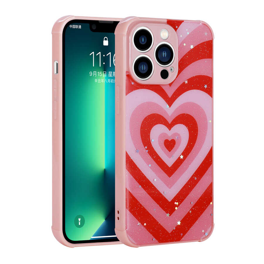 iPhone Uyumlu 12 Pro Max Kılıf Simli Desenli Kamera Korumalı Parlak Zore Popy Kapak-Kalp