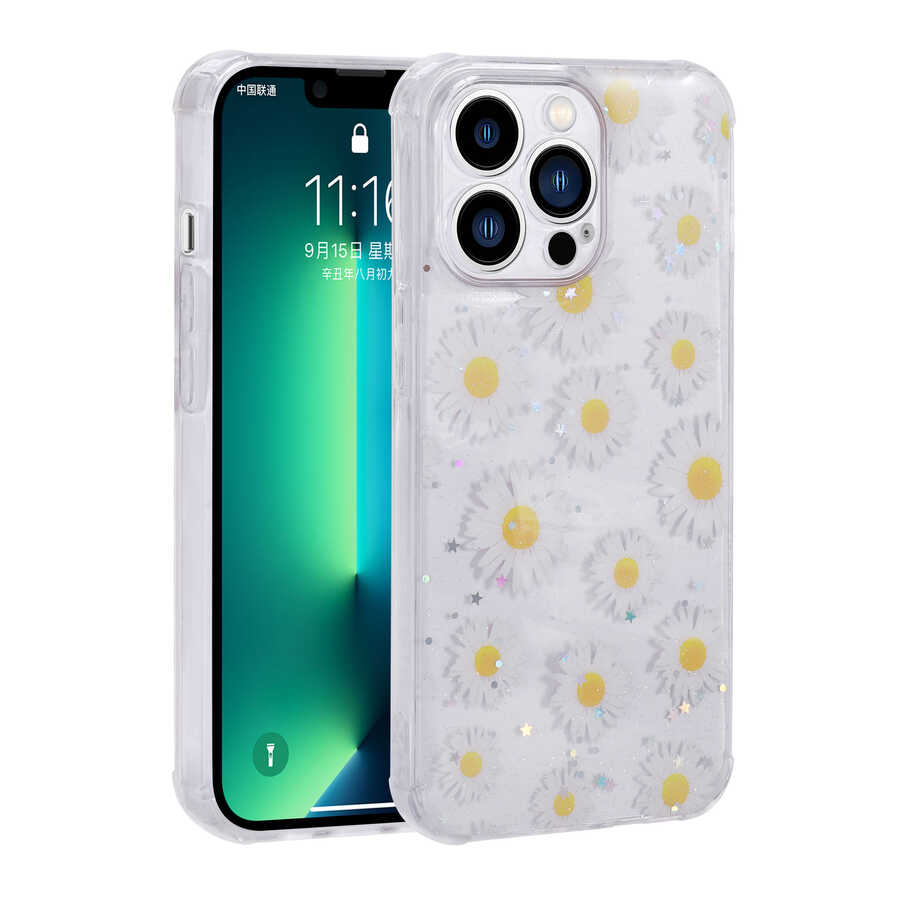 iPhone Uyumlu 12 Pro Max Kılıf Simli Desenli Kamera Korumalı Parlak Zore Popy Kapak-Papatya