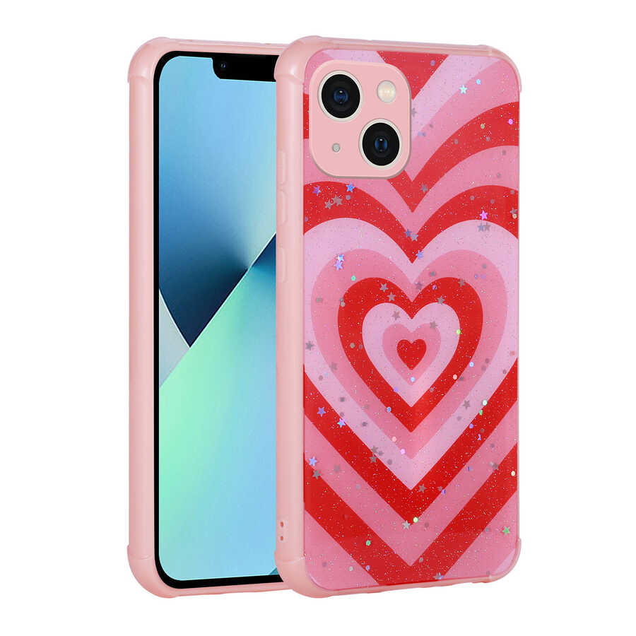 iPhone Uyumlu 13 Kılıf Simli Desenli Kamera Korumalı Parlak Zore Popy Kapak-Kalp