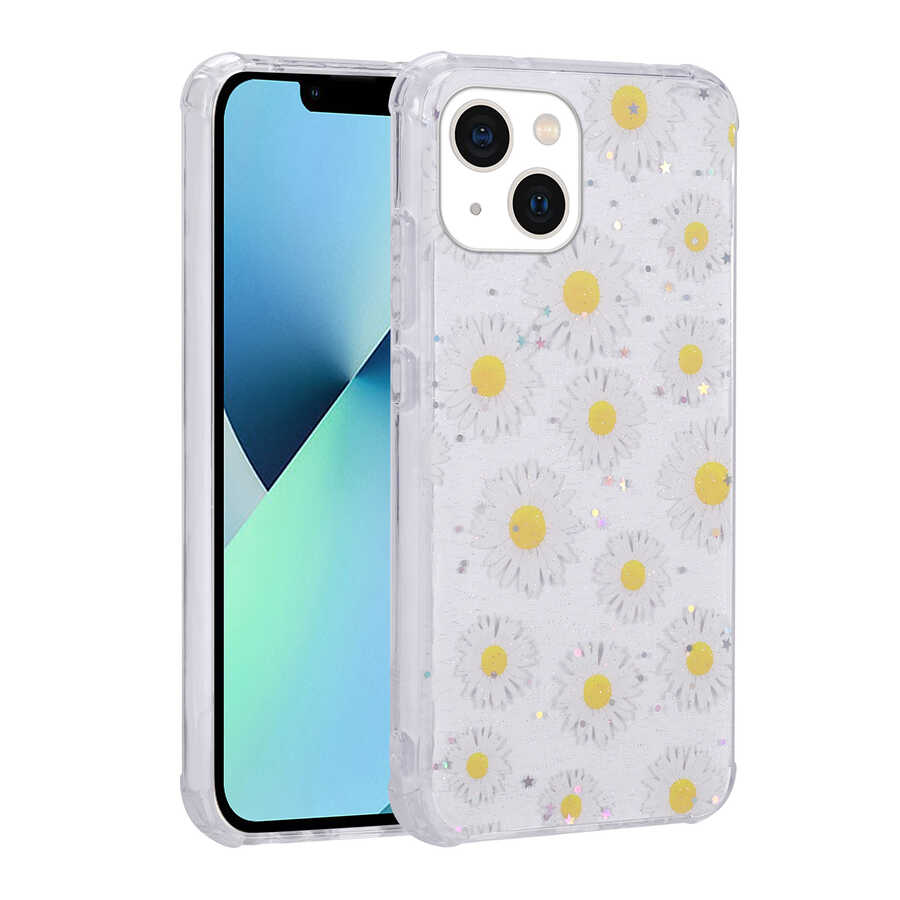 iPhone Uyumlu 13 Kılıf Simli Desenli Kamera Korumalı Parlak Zore Popy Kapak-Papatya