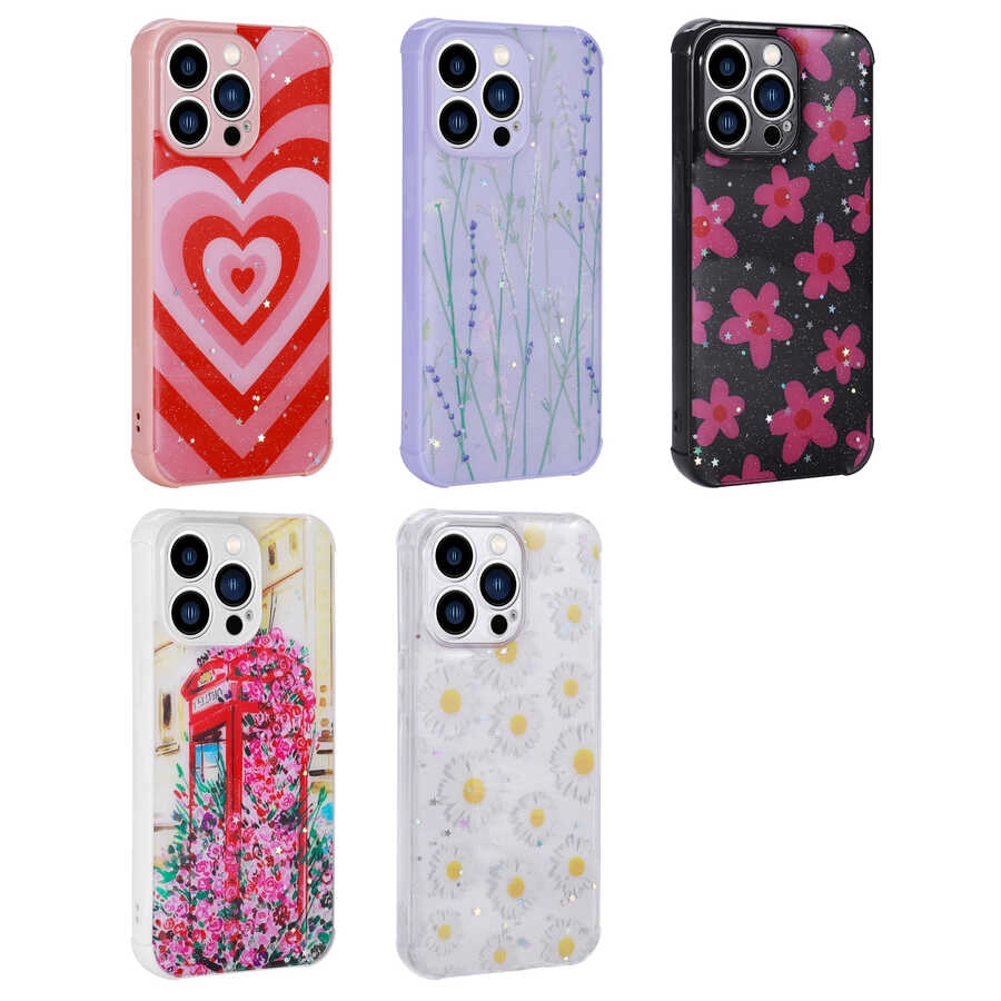 iPhone Uyumlu 13 Pro Max Kılıf Simli Desenli Kamera Korumalı Parlak Zore Popy Kapak