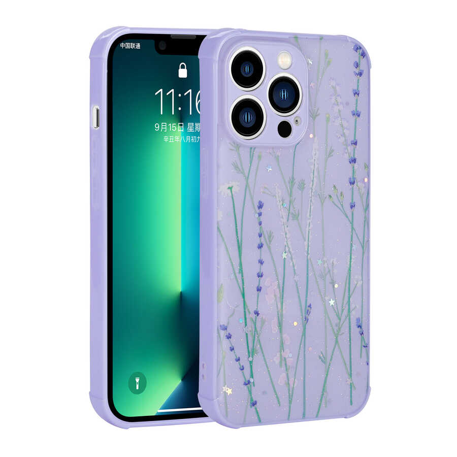 iPhone Uyumlu 13 Pro Max Kılıf Simli Desenli Kamera Korumalı Parlak Zore Popy Kapak-Dallar