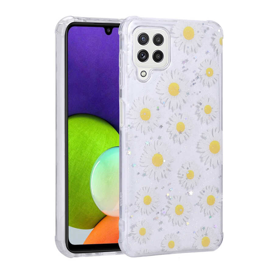 Galaxy Uyumlu M22 Kılıf Simli Desenli Kamera Korumalı Parlak Zore Popy Kapak-Papatya