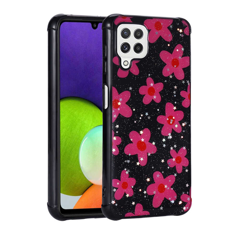 Galaxy Uyumlu M32 Kılıf Simli Desenli Kamera Korumalı Parlak Zore Popy Kapak-Çiçek
