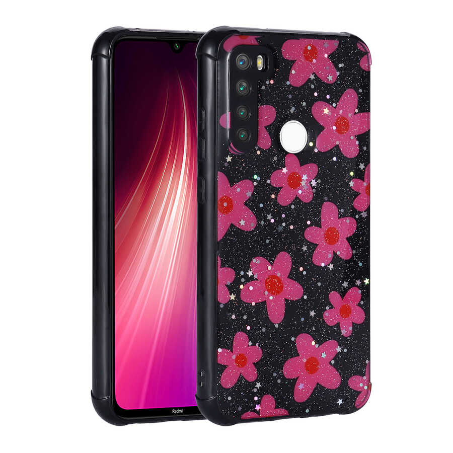 Xiaomi Uyumlu  Redmi Note 8 Kılıf Simli Desenli Kamera Korumalı Parlak Zore Popy Kapak-Çiçek