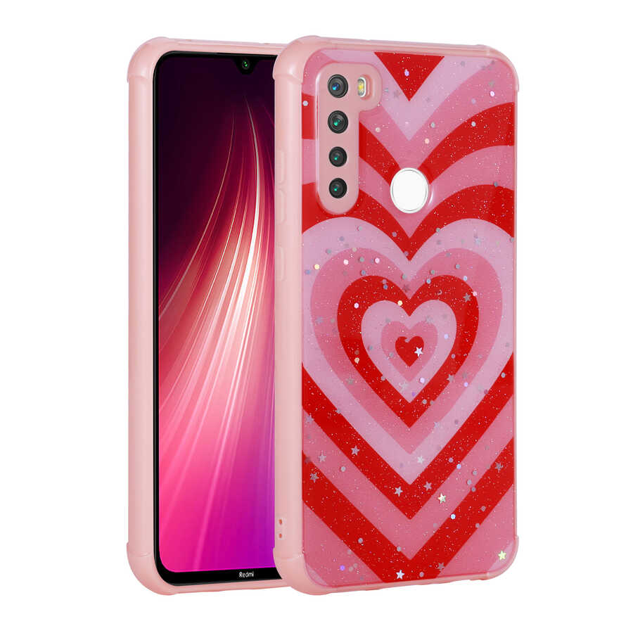 Xiaomi Uyumlu  Redmi Note 8 Kılıf Simli Desenli Kamera Korumalı Parlak Zore Popy Kapak-Kalp