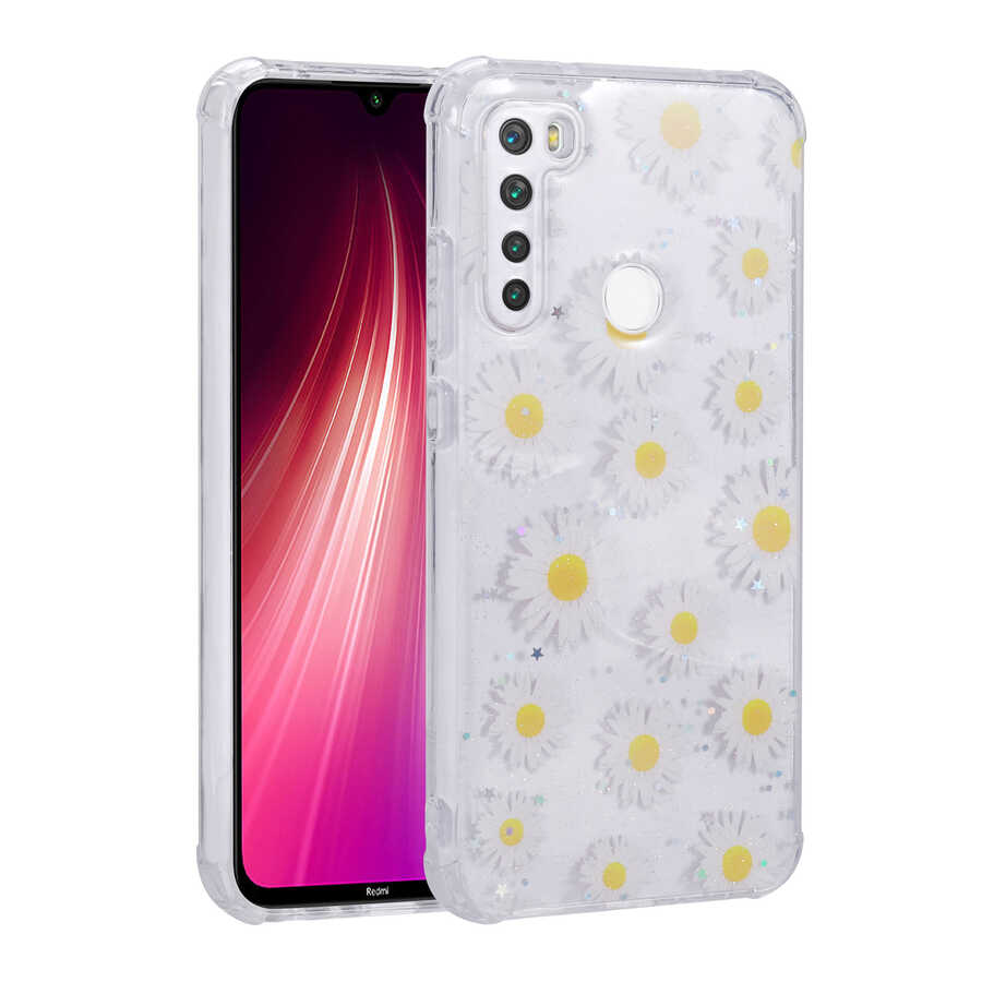 Xiaomi Uyumlu  Redmi Note 8 Kılıf Simli Desenli Kamera Korumalı Parlak Zore Popy Kapak-Papatya