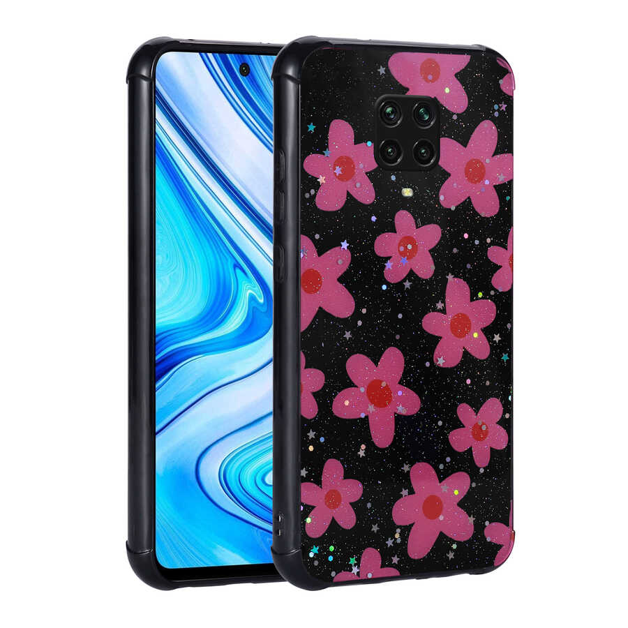 Xiaomi Uyumlu  Redmi Note 9 Pro Kılıf Simli Desenli Kamera Korumalı Parlak Zore Popy Kapak-Çiçek
