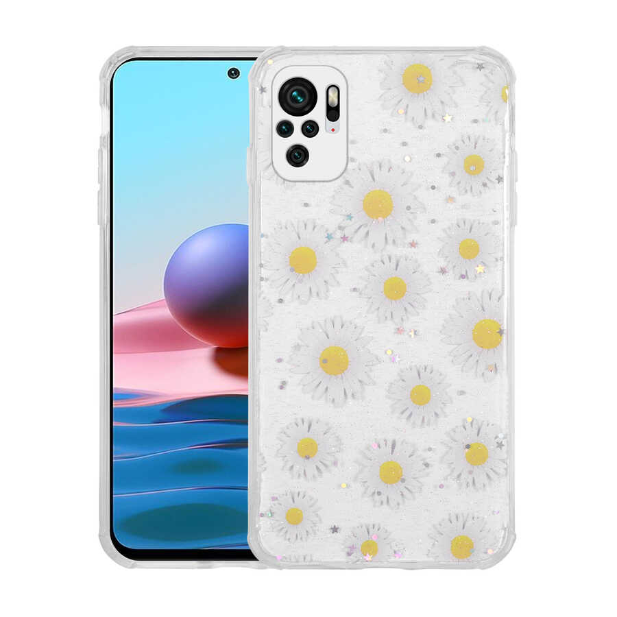 Xiaomi Uyumlu  Redmi Note 10S Kılıf Simli Desenli Kamera Korumalı Parlak Zore Popy Kapak-Papatya