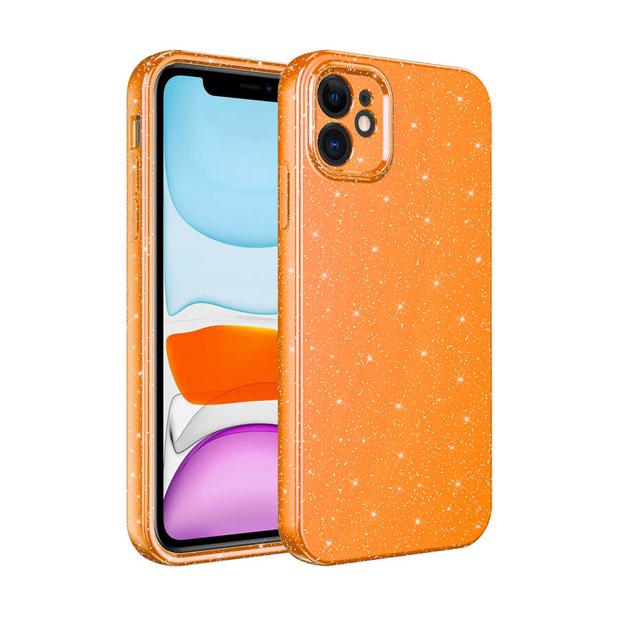 iPhone Uyumlu 11 Kılıf Kamera Korumalı Simli Lüks Zore Koton Kapak-Turuncu