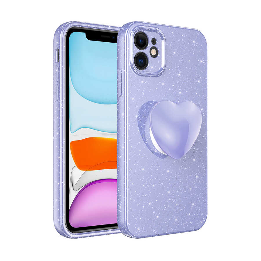 iPhone Uyumlu 11 Kılıf Kamera Korumalı Simli Pop Soketli Lüks Zore Koton Soketli Kapak-Lila