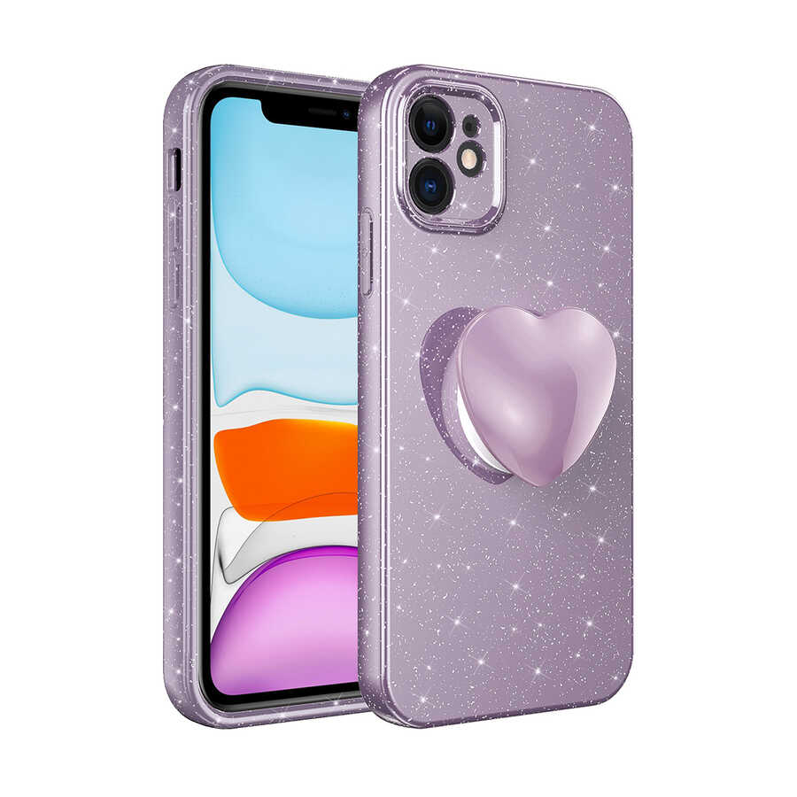 iPhone Uyumlu 11 Kılıf Kamera Korumalı Simli Pop Soketli Lüks Zore Koton Soketli Kapak-Mor