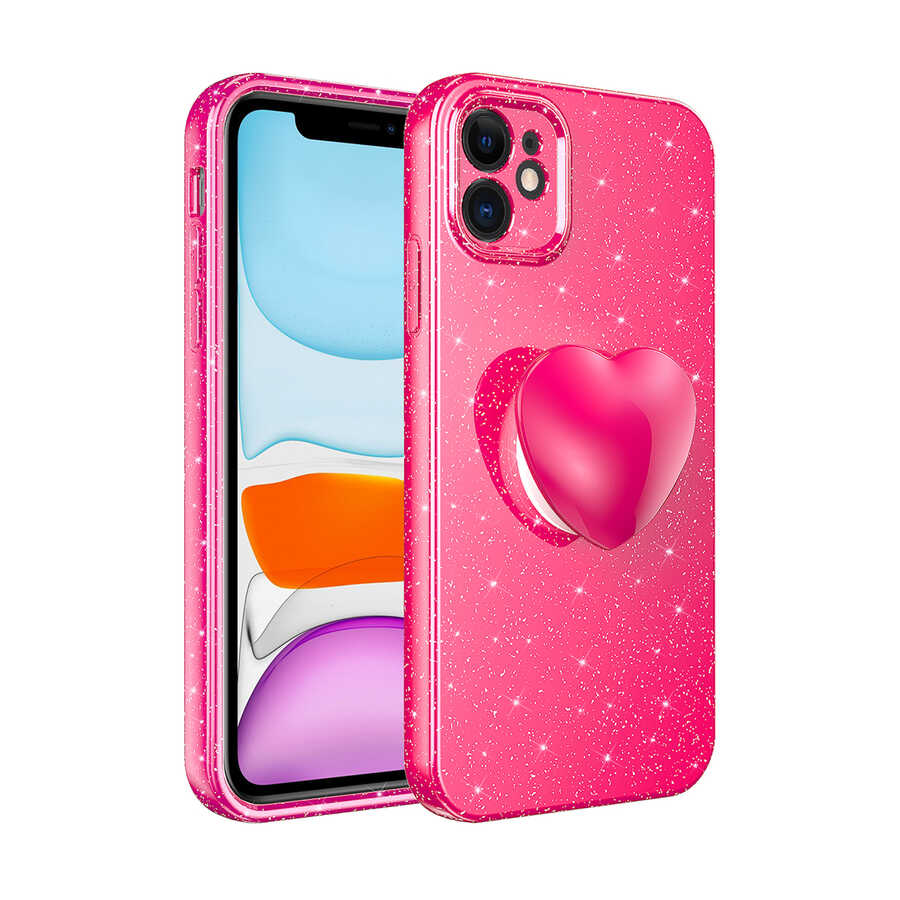 iPhone Uyumlu 11 Kılıf Kamera Korumalı Simli Pop Soketli Lüks Zore Koton Soketli Kapak-Pembe koyu