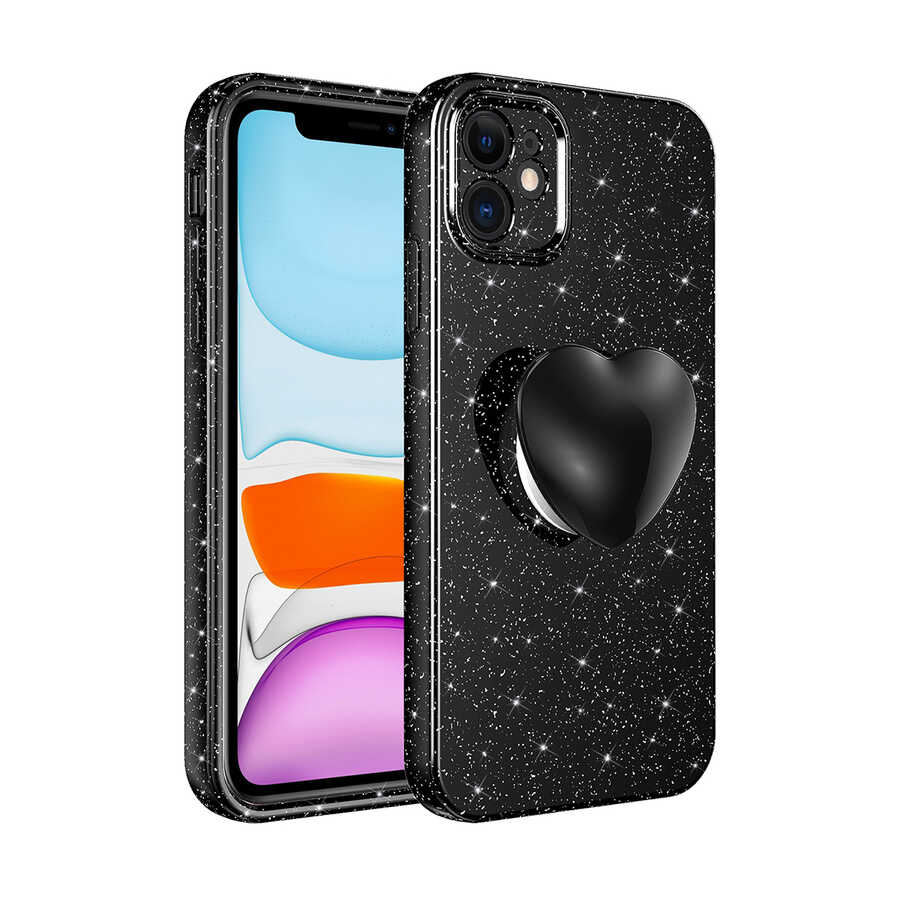 iPhone Uyumlu 11 Kılıf Kamera Korumalı Simli Pop Soketli Lüks Zore Koton Soketli Kapak-Siyah