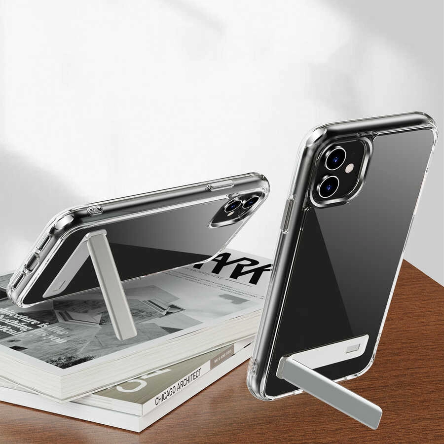 iPhone Uyumlu 11 Kılıf Standlı Şeffaf Silikon Zore L-Stand Kapak