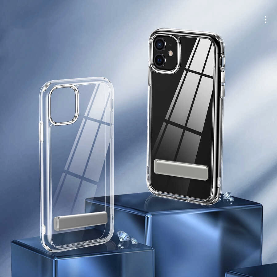 iPhone Uyumlu 12 Kılıf Standlı Şeffaf Silikon Zore L-Stand Kapak