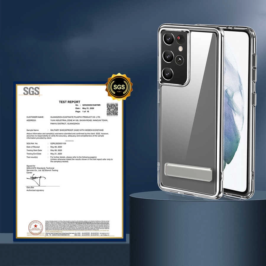 Galaxy Uyumlu S21 Ultra Kılıf Standlı Şeffaf Silikon Zore L-Stand Kapak