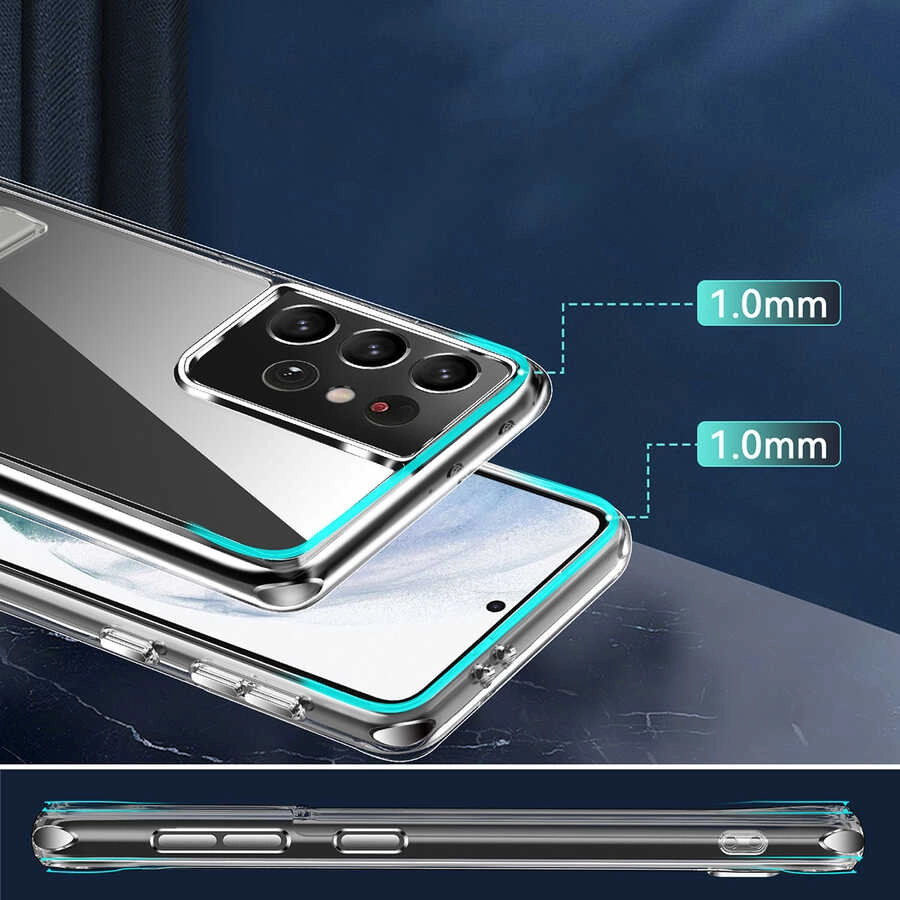 Galaxy Uyumlu S21 Ultra Kılıf Standlı Şeffaf Silikon Zore L-Stand Kapak