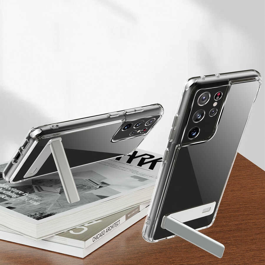Galaxy Uyumlu S21 Ultra Kılıf Standlı Şeffaf Silikon Zore L-Stand Kapak