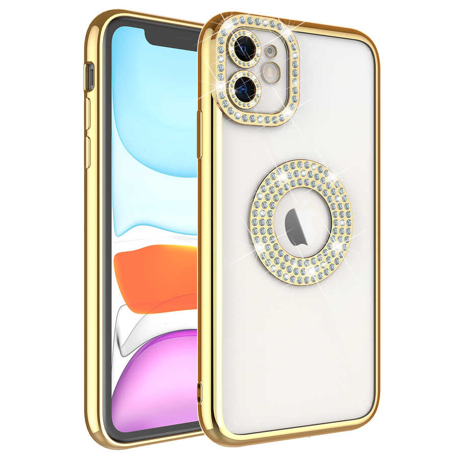 iPhone Uyumlu 11 Kılıf Kamera Korumalı Taş Süslemeli Arkası Şeffaf Zore Asya Kapak-Gold