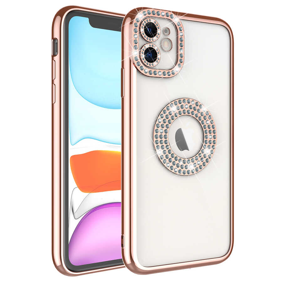 iPhone Uyumlu 11 Kılıf Kamera Korumalı Taş Süslemeli Arkası Şeffaf Zore Asya Kapak-Rose gold