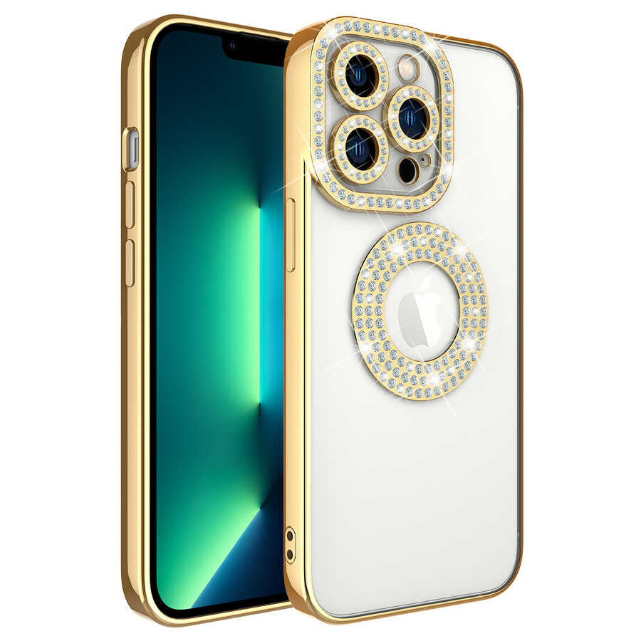 iPhone Uyumlu 13 Pro Kılıf Kamera Korumalı Taş Süslemeli Arkası Şeffaf Zore Asya Kapak-Gold