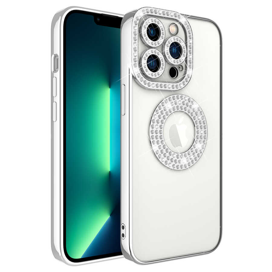 iPhone Uyumlu 13 Pro Kılıf Kamera Korumalı Taş Süslemeli Arkası Şeffaf Zore Asya Kapak