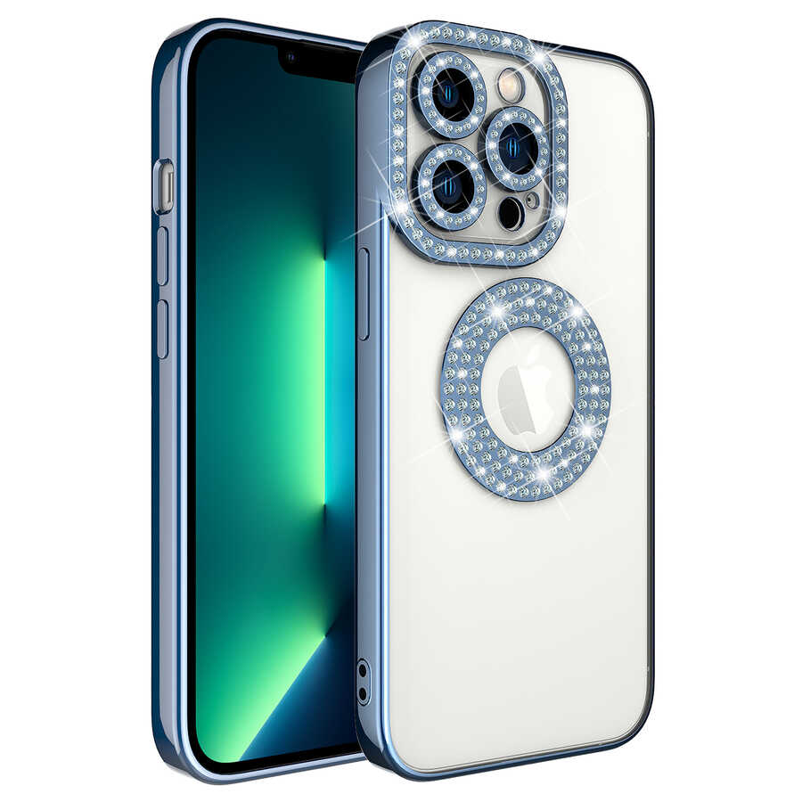iPhone Uyumlu 13 Pro Kılıf Kamera Korumalı Taş Süslemeli Arkası Şeffaf Zore Asya Kapak-Mavi
