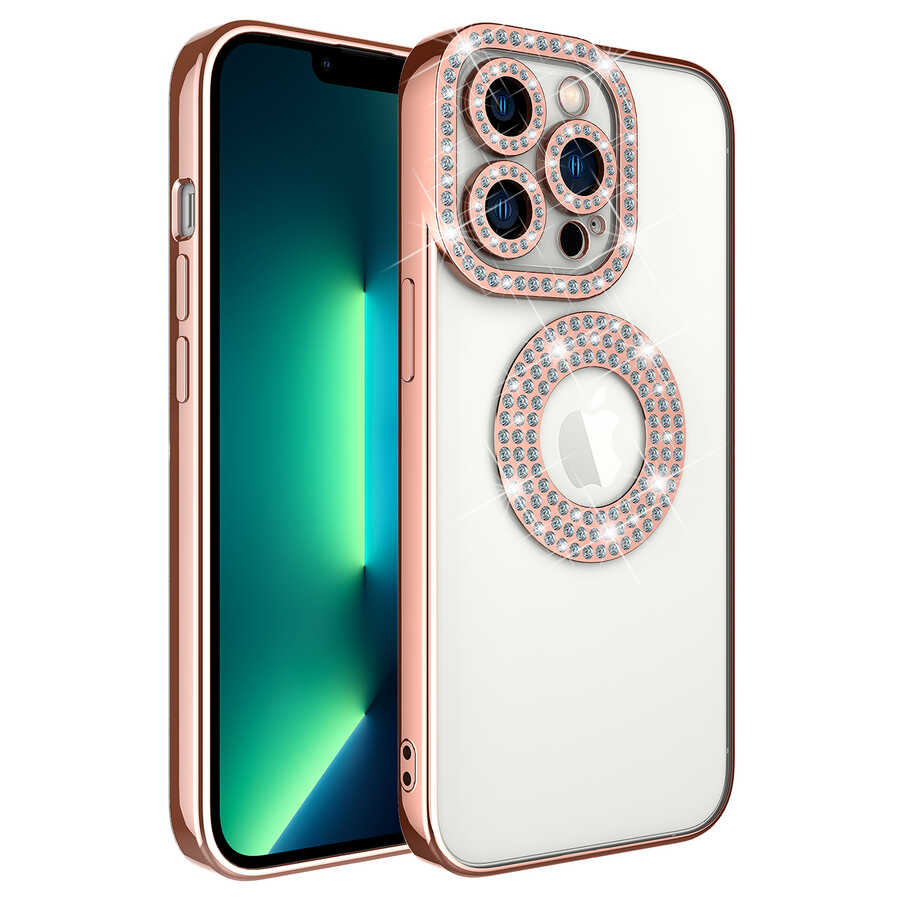 iPhone Uyumlu 13 Pro Kılıf Kamera Korumalı Taş Süslemeli Arkası Şeffaf Zore Asya Kapak-Rose gold