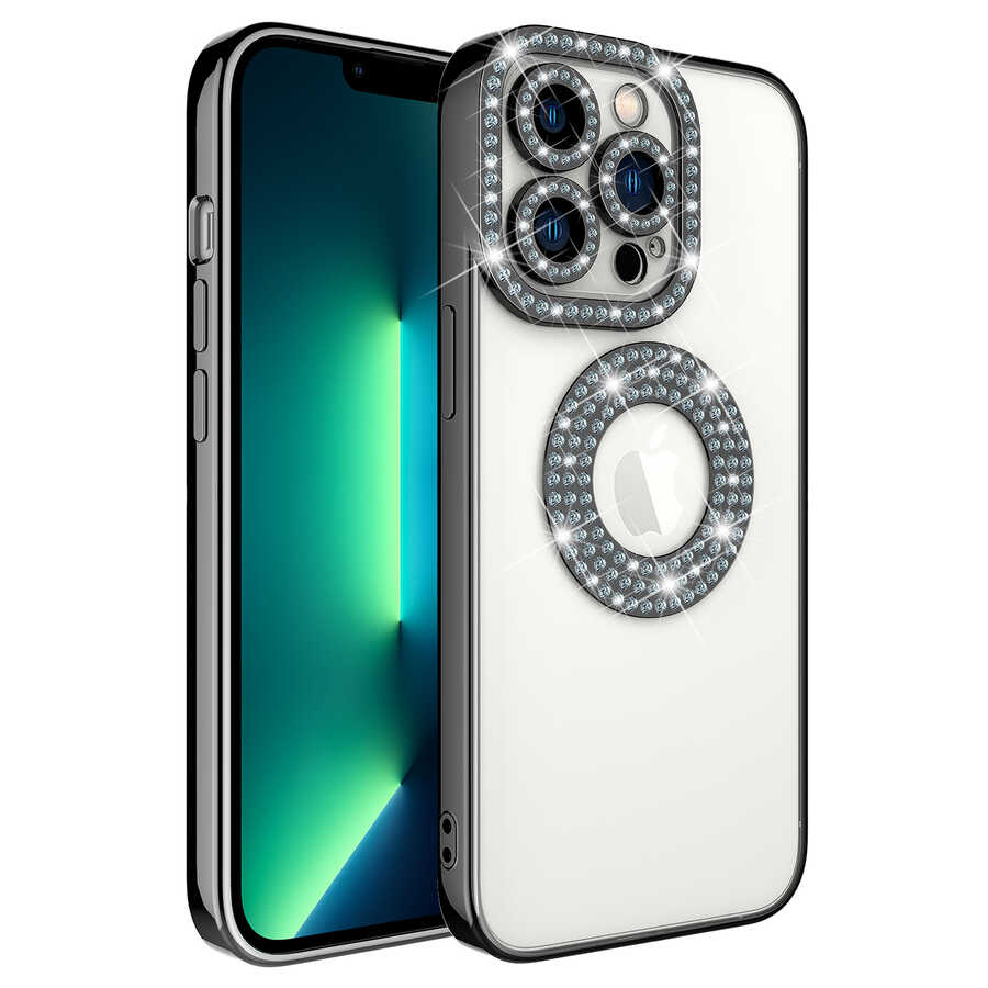 iPhone Uyumlu 13 Pro Kılıf Kamera Korumalı Taş Süslemeli Arkası Şeffaf Zore Asya Kapak-Siyah
