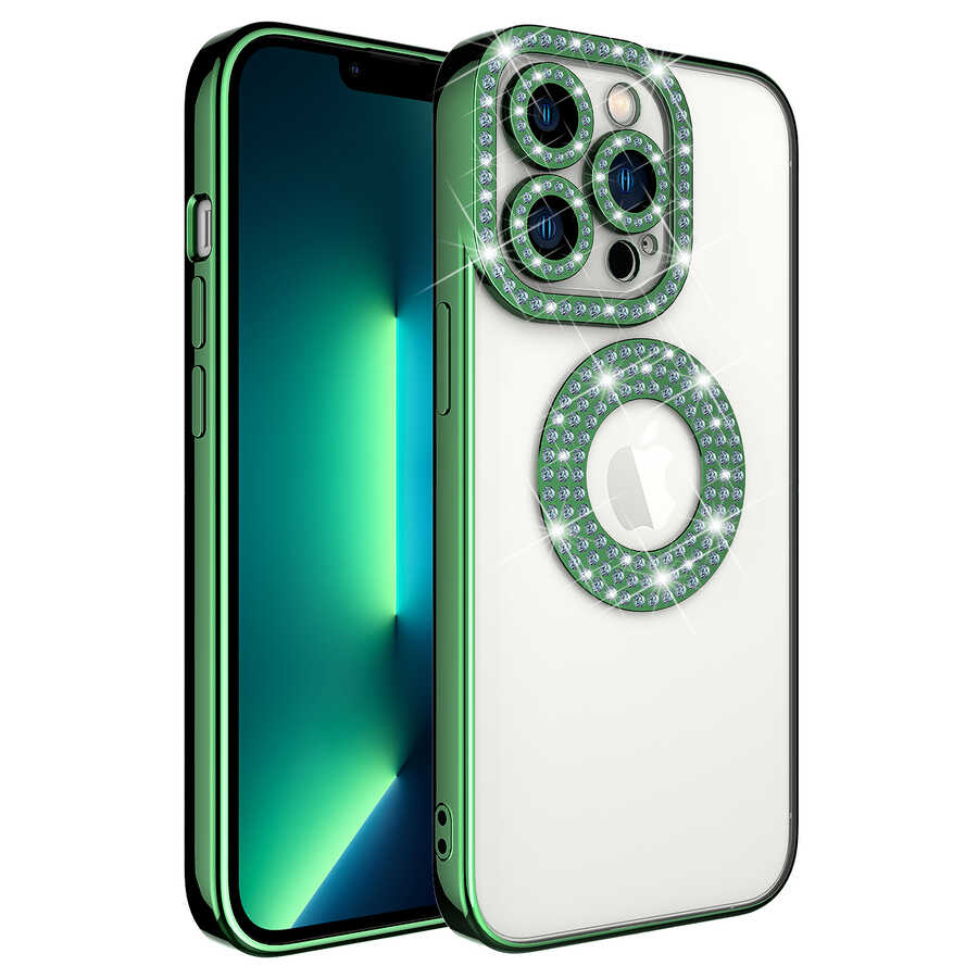 iPhone Uyumlu 13 Pro Kılıf Kamera Korumalı Taş Süslemeli Arkası Şeffaf Zore Asya Kapak-Yeşil