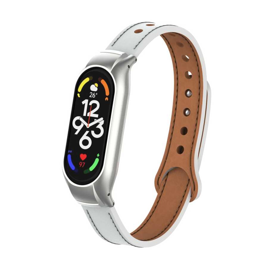 Xiaomi Uyumlu  Mi Band 7 KRD-68 Deri Kordon-Beyaz