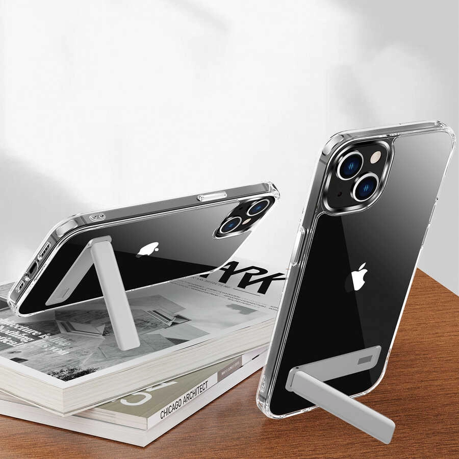iPhone Uyumlu 14 Kılıf Standlı Şeffaf Silikon Zore L-Stand Kapak