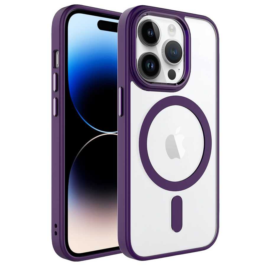 iPhone Uyumlu 14 Pro Kılıf Wireless Şarj Özellikli Zore Krom M-safe Silikon Kapak-Derin mor