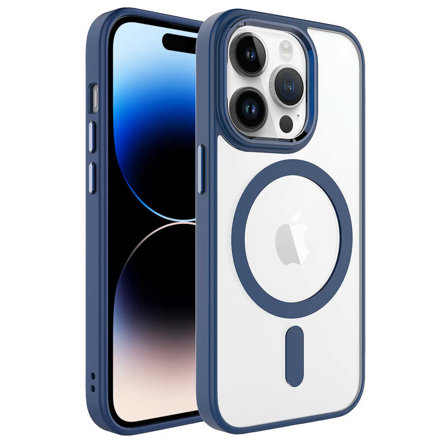 iPhone Uyumlu 14 Pro Kılıf Wireless Şarj Özellikli Zore Krom M-safe Silikon Kapak-Lacivert