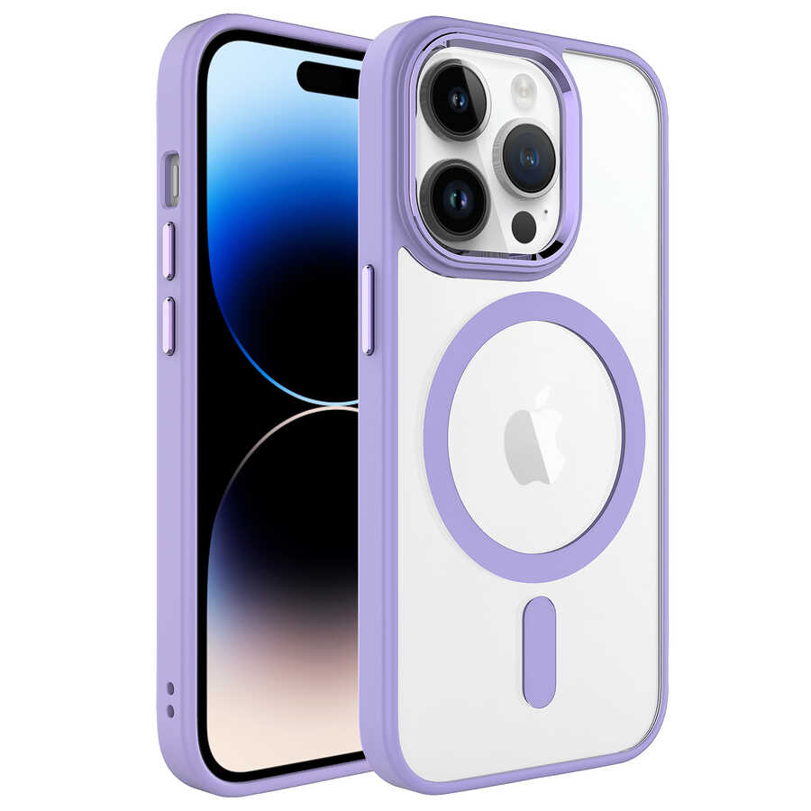 iPhone Uyumlu 14 Pro Kılıf Wireless Şarj Özellikli Zore Krom M-safe Silikon Kapak-Lila