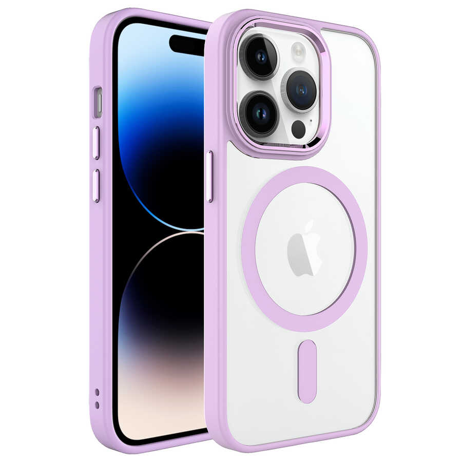 iPhone Uyumlu 14 Pro Kılıf Wireless Şarj Özellikli Zore Krom M-safe Silikon Kapak-Pembe açık