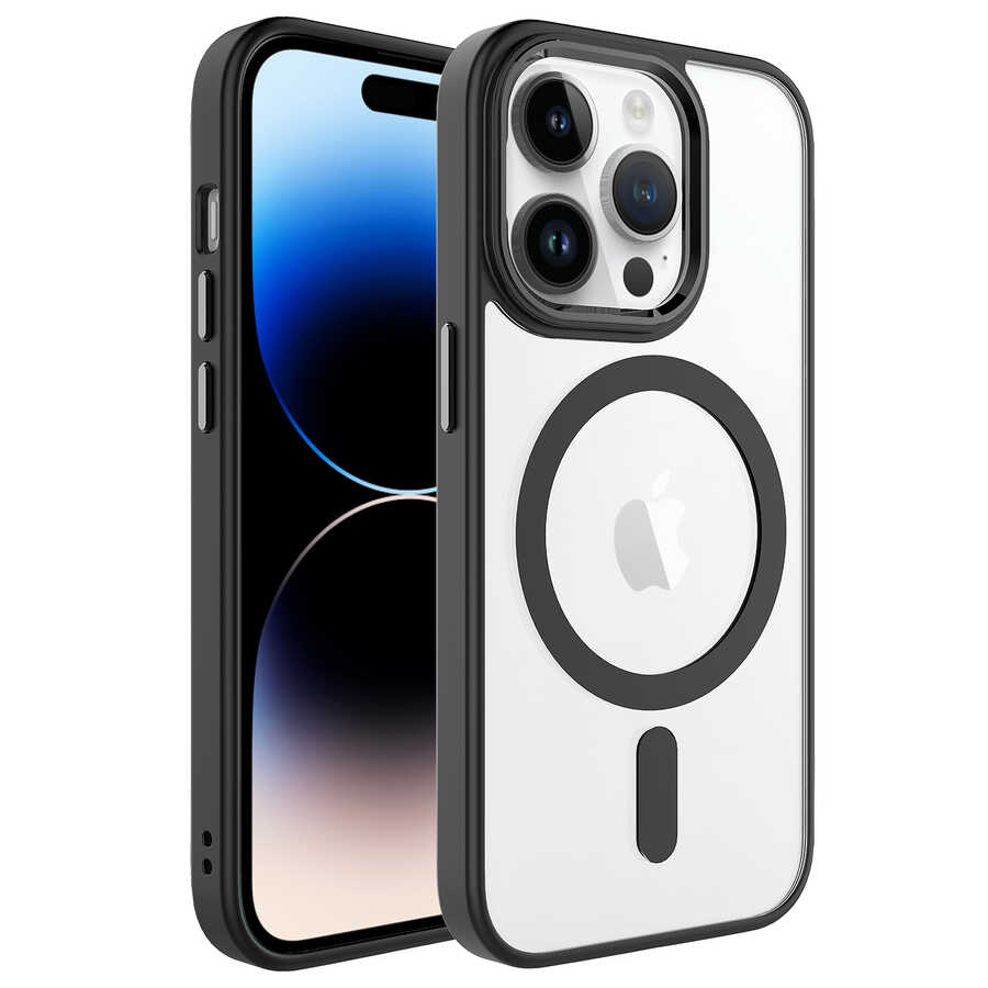 iPhone Uyumlu 14 Pro Kılıf Wireless Şarj Özellikli Zore Krom M-safe Silikon Kapak-Siyah