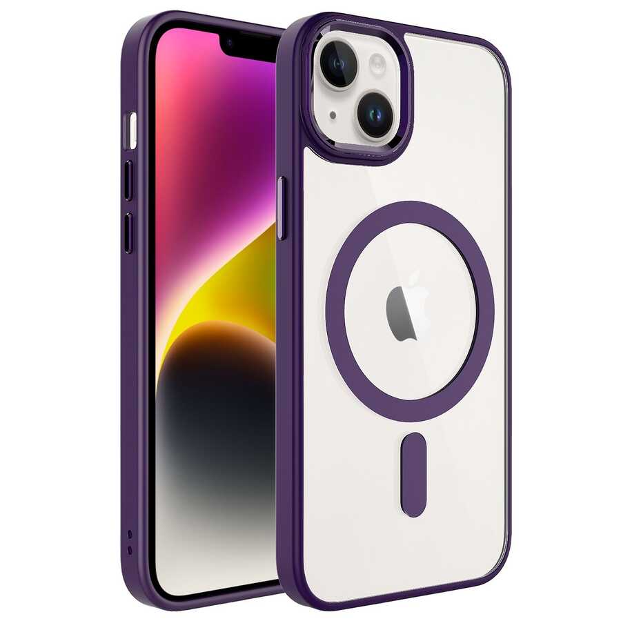 iPhone Uyumlu 14 Plus Kılıf Wireless Şarj Özellikli Zore Krom M-safe Silikon Kapak-Derin mor