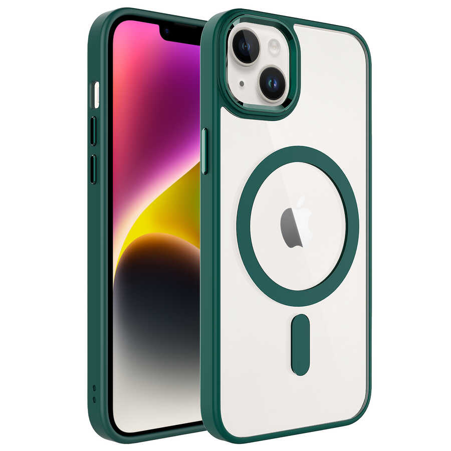 iPhone Uyumlu 14 Plus Kılıf Wireless Şarj Özellikli Zore Krom M-safe Silikon Kapak-Koyu yeşil