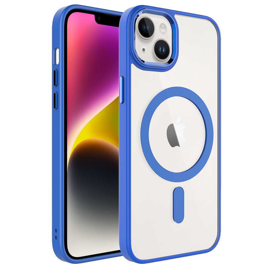 iPhone Uyumlu 14 Plus Kılıf Wireless Şarj Özellikli Zore Krom M-safe Silikon Kapak-Mavi